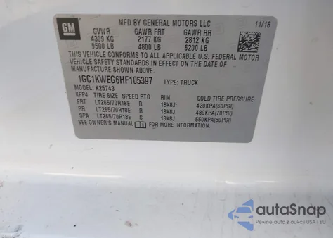 2017 Chevrolet Silverado 2500Hd Ltz z USA, uszkodzony, nr VIN 1GC1KWEG6HF105397